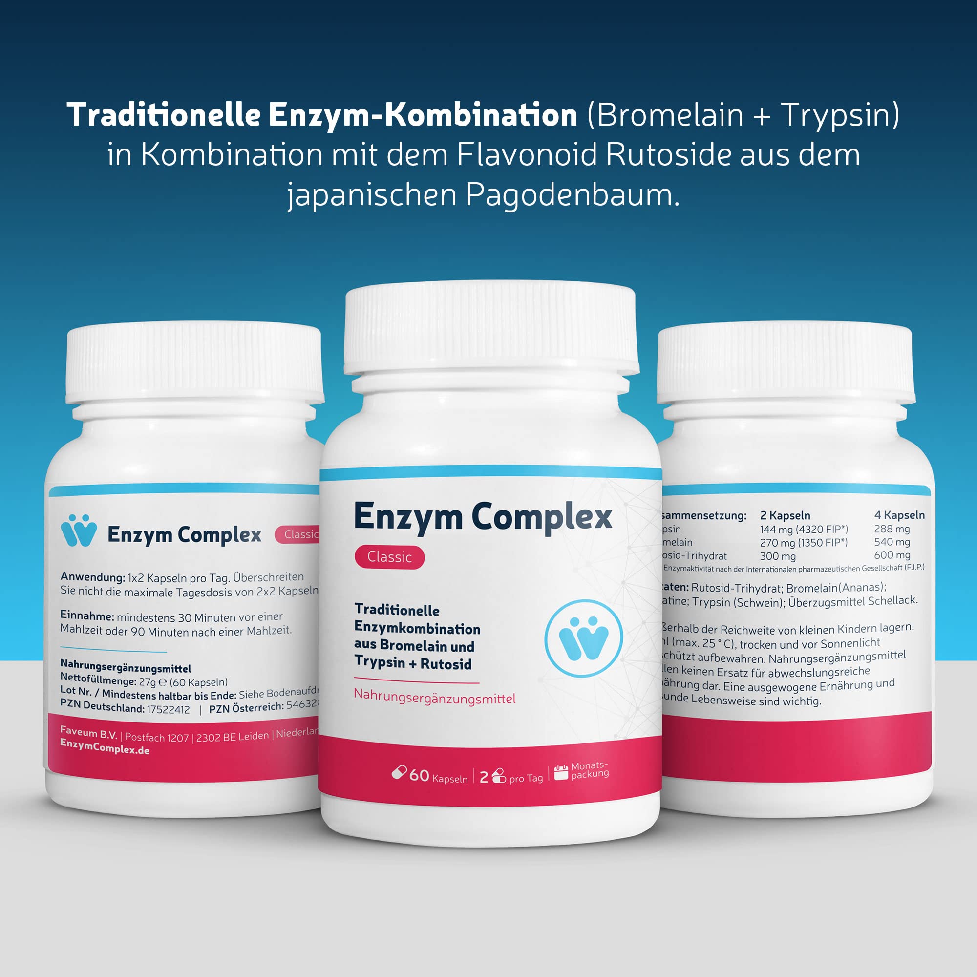 Enzym Komplex Classic - Mit Bromelain Ananas Enzym hochdosiert + Trypsin + Rutosid - Monatspackung mit 60 Enzyme Kapseln - Traditionelle systemische Enzym-Kombination