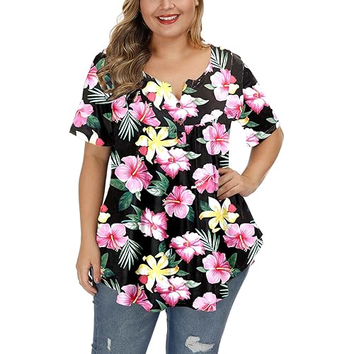 ALLEGRACE Women's Plus Size Tunic Tops Summer Short Sleeve V Neck Blouses Ruffle Flowy Button Up T Shirts