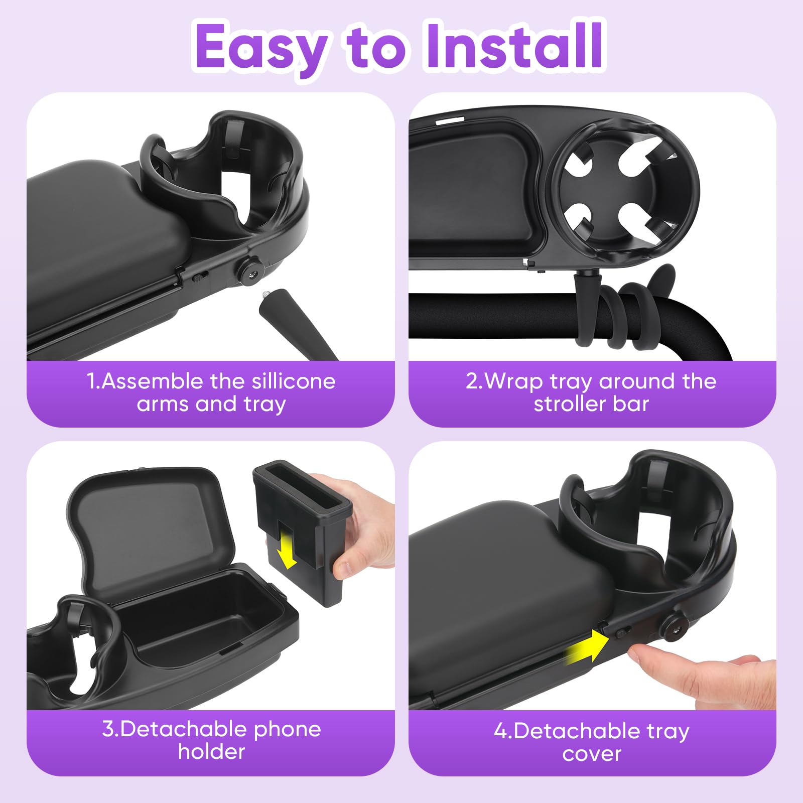 Plateau de collation universel 3 en 1 pour poussette avec support de téléphone et bras flexibles en silicone, fixation de plateau de poussette compatible avec Uppababy, Baby Jogger, Britax