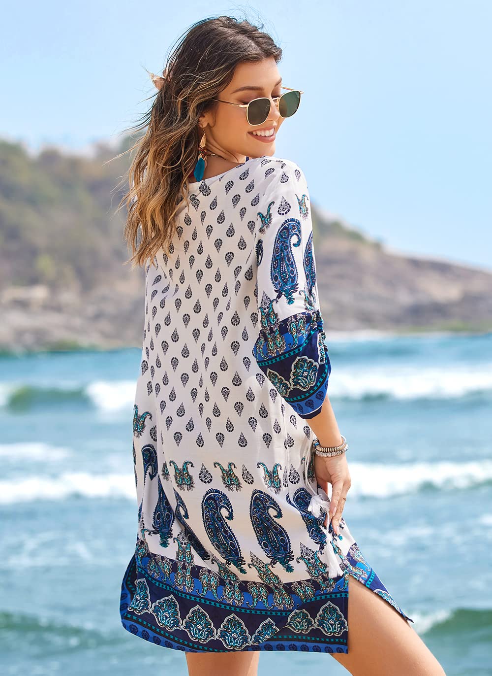 Beyove Damska tunika boho sukienka plażowa vintage rękaw 3/4 okrągły dekolt wzór kwiatowy