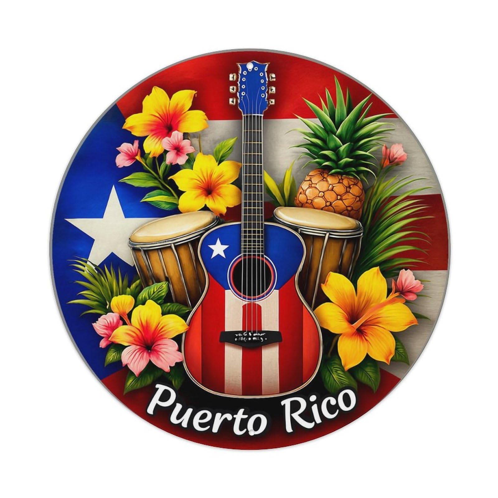 Puerto Rico Flag Guitar Flowers Pineapple Tin Sign Metal Poster Vintage Metal Signs for Home Man Cave Bar Cafe Kitchen laundry room Wall Decorations Gift 8x8Inch