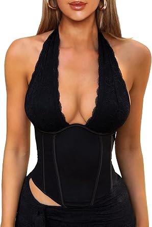 TZLDN Women Lace Halter Corset Crop Top Deep V Backless Y2K Sexy Party Tops