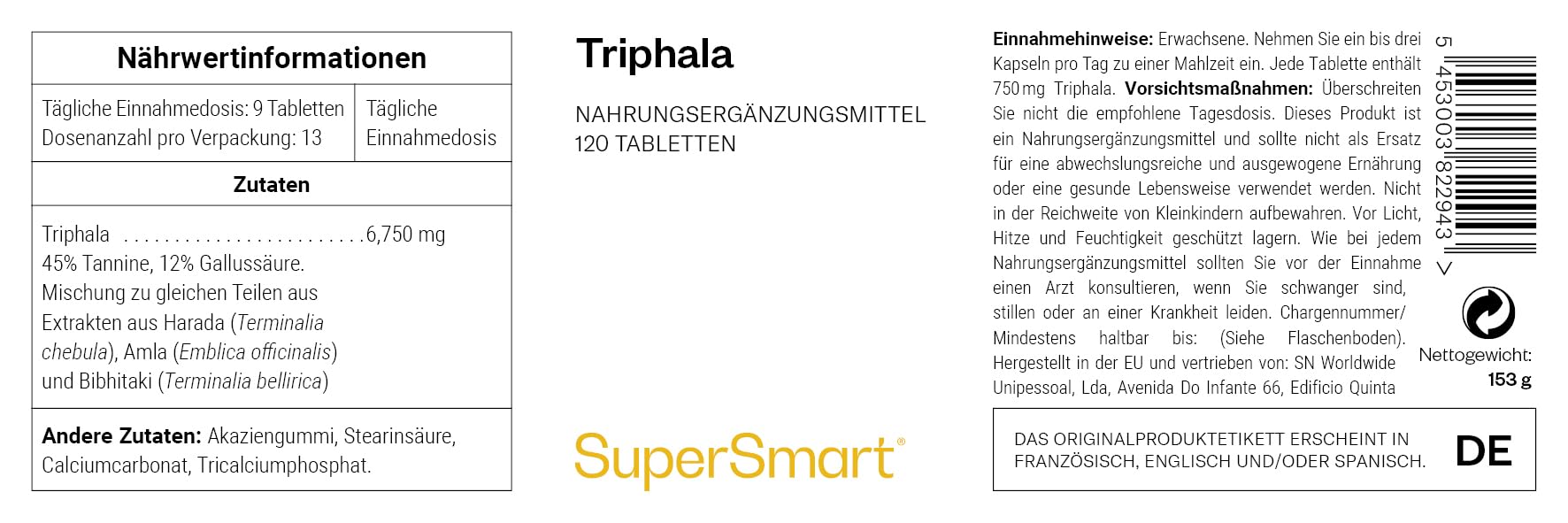 Triphala – Lebergesundheit und Darm-Detox – Ayurvedisches Nahrungsergänzungsmittel – Natürlicher Antioxidant in Tablettenform – Leber- und Darm-Detox – 120 Tabletten – SuperSmart