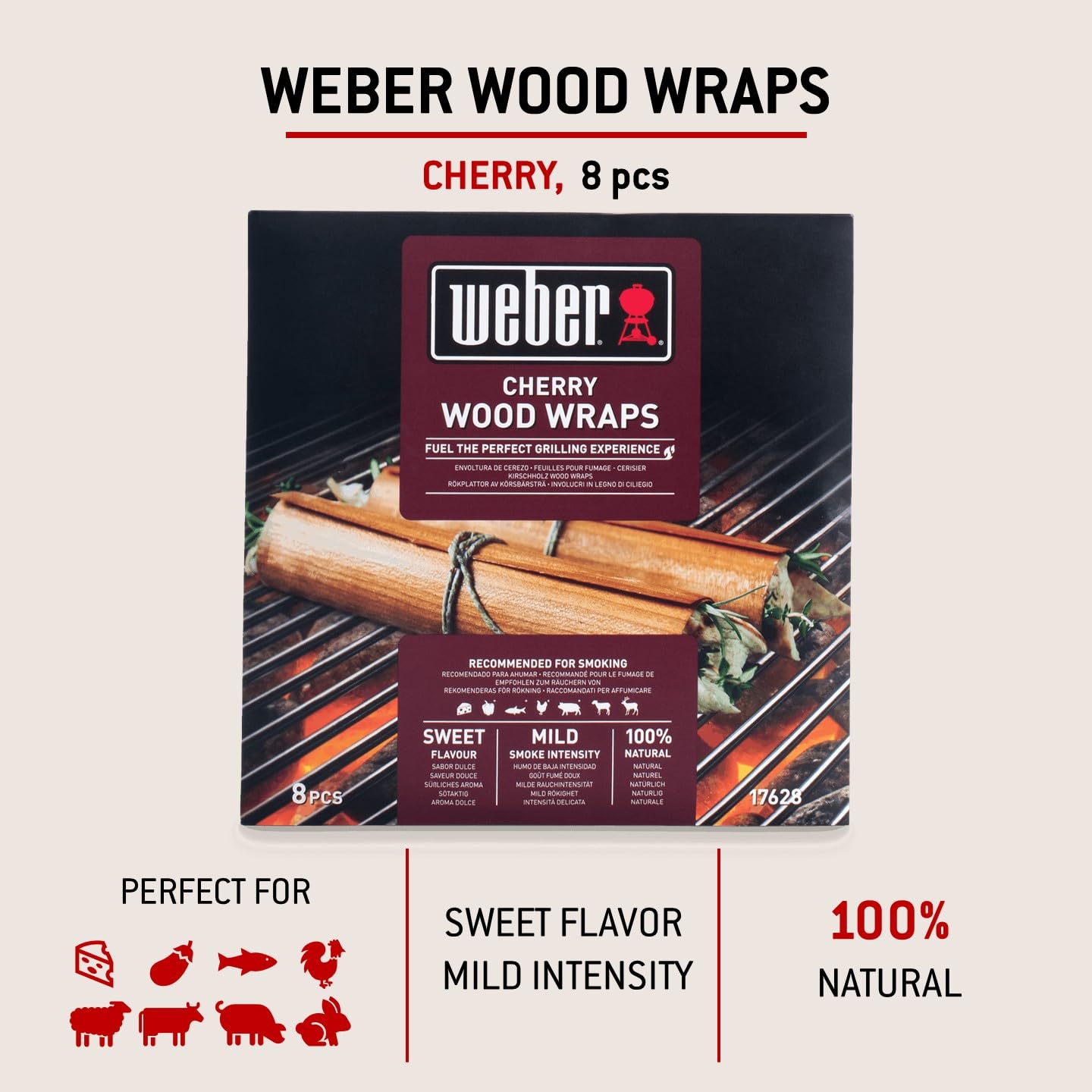 Weber Drewniane okłady z drewna wiśniowego (8 sztuk) – cienkie, delikatne okłady z drewna wiśniowego, do owijania grillowanych potraw, delikatny aromat dymu, 100% naturalne drewno (17628)