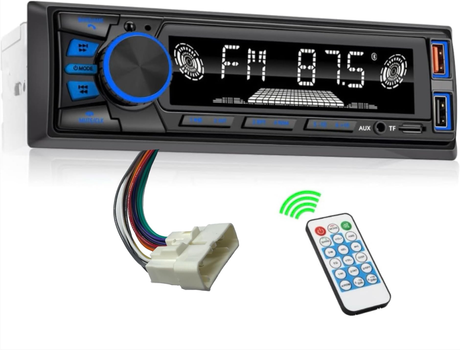 NX RX DK CK Series Bluetooth Single DIN Kioti Tractor Stereo Radio with Handsfree and App Control FM/ MP3/SD/AUX/Dual USB/EQ/Quick Charge Multi Color Backlight