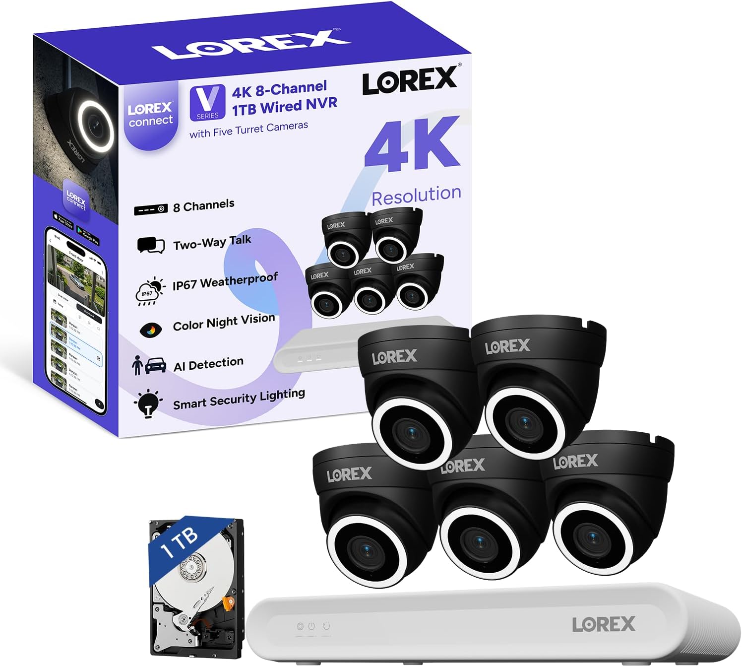 Lorex Connect (New App) | V-Series | 8Ch 4K NVR System | 5 Dome PoE Cameras