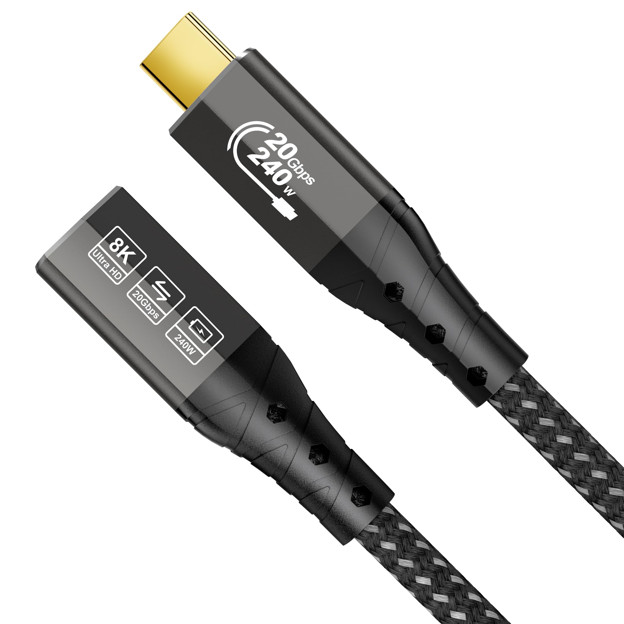 ZIKNYDO Prolunga USB C 50 cm, (USB C 3.2 Gen 2x2, Video 8K@30Hz, 4K@60Hz/ 144Hz, PD3.1 240W 48V/5A), Cavo Prolunga USBC maschio femmina da 20 Gbit/s per Thunderbolt 4, iPhone 16/15, hub, MacBook, SSD