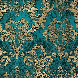 Teal Green Gold Damask Flower Vintage Peel and Stick Wallpaper Contact P...