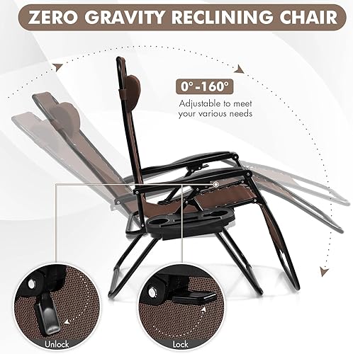 Miniatura 5 de Giantex Zero Gravity - Silla reclinable para patio al aire libre con portavasos y almohada extraíble, respaldo ajustable, silla de salón interior