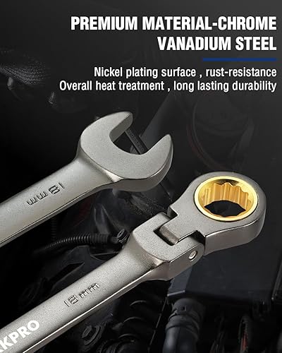 Miniatura 10 de WORKPRO Llave combinada de trinquete de cabeza flexible de 0.748 in, construcción Cr-V, niquelado, 72 dientes, diseño de 12 puntos, métrica