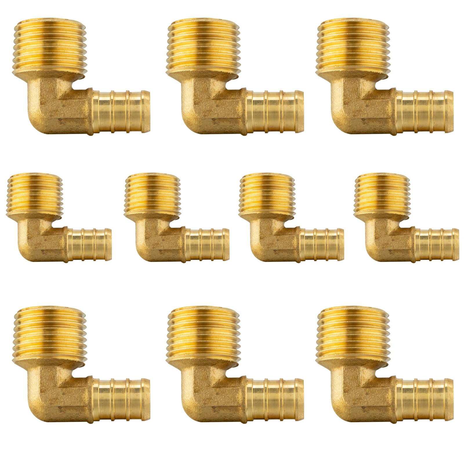 Paquete de 10 accesorios PEX, Pex 1/2 x 3/4 pulgadas macho roscado NPT codo de latón engarzado, codo macho PEX F1807 de 1/2 pulgada para tuberías Pex en trabajos de fontanería