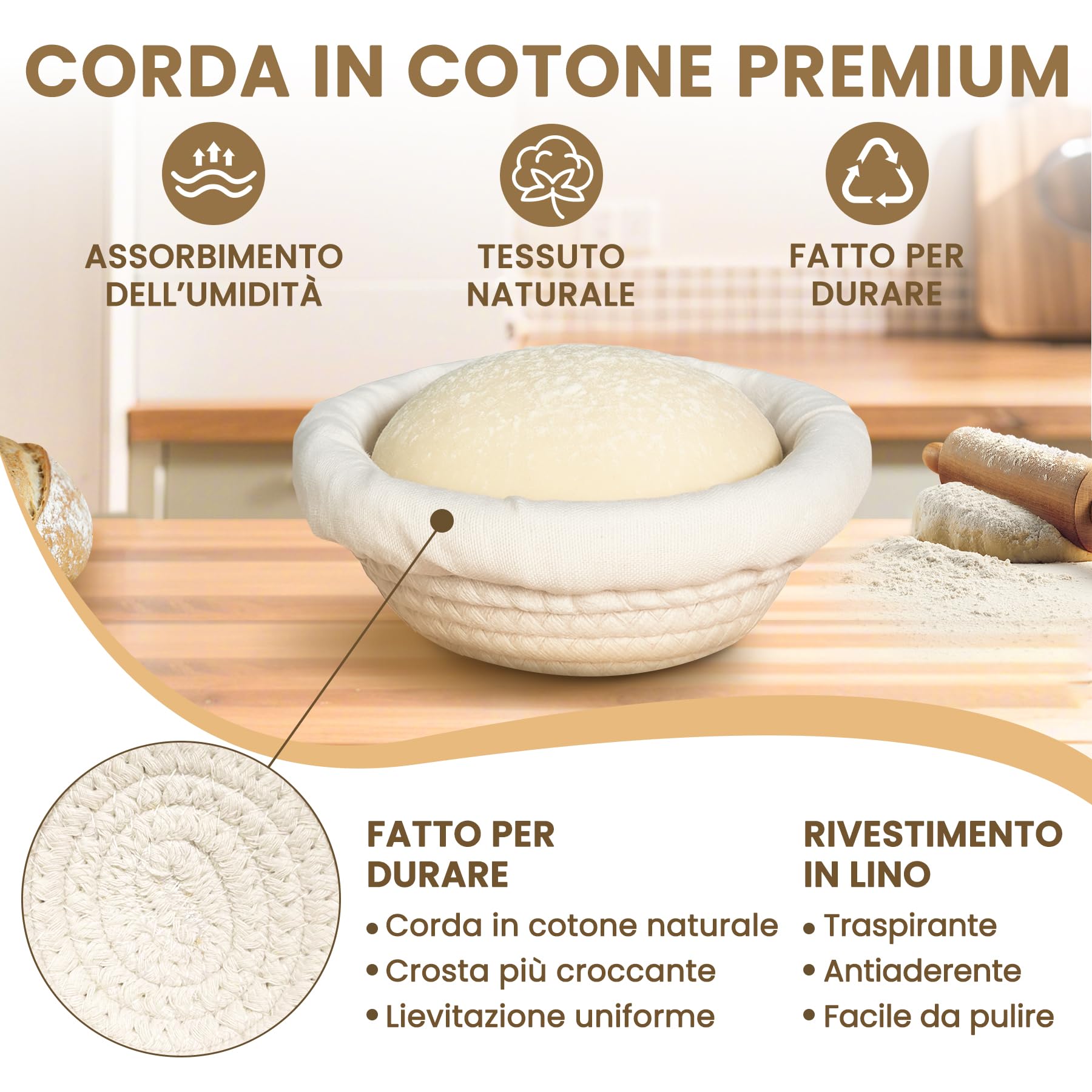 Mini cestino per lievitazione Banneton (14 cm, set di 6), in corda di cotone naturale, cestino piccolo e fodera, cestino per lievitazione di lievito naturale per ciotole per pane e piccoli pani