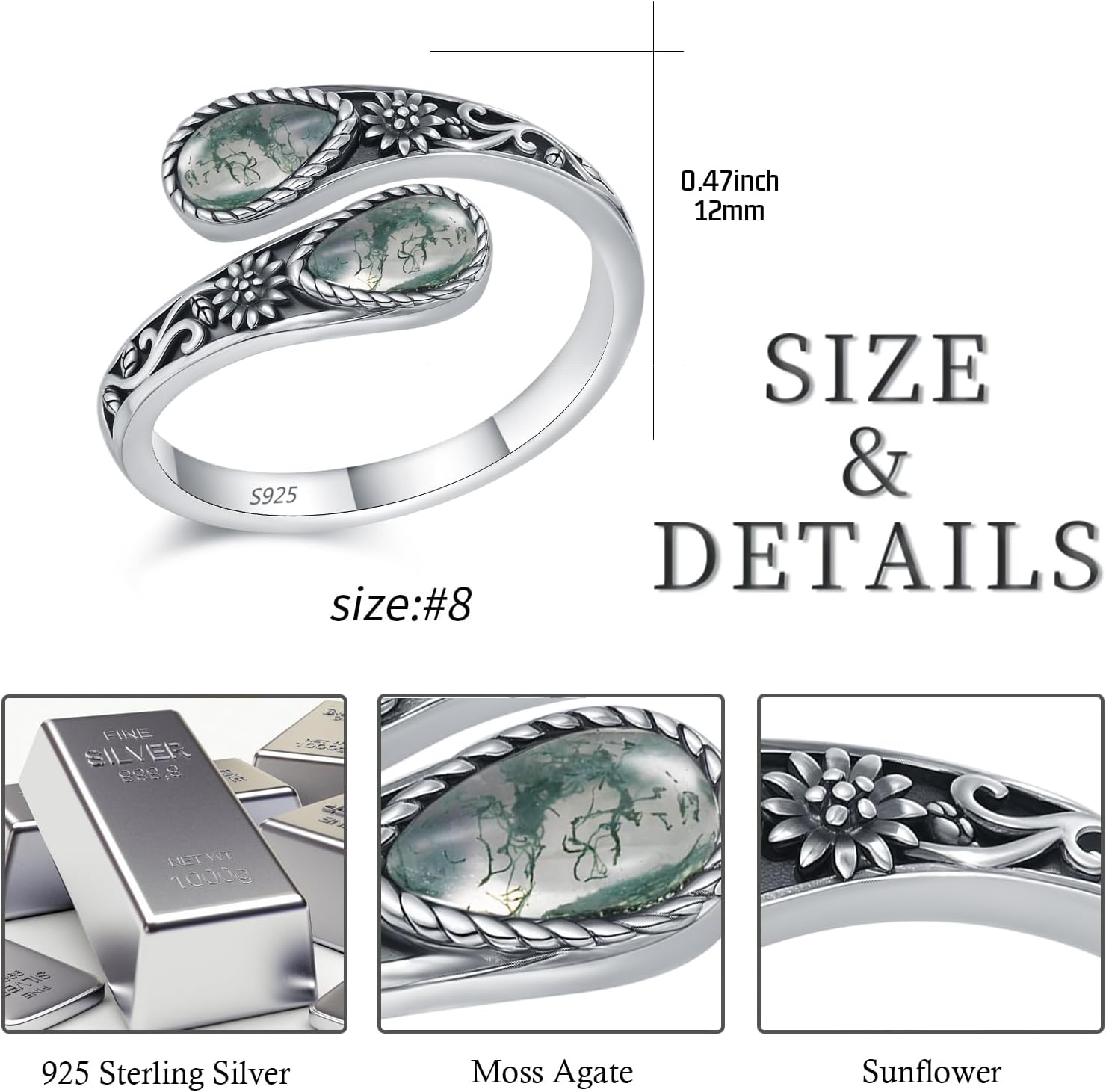 KiiKii Moss Agate Ring 925 Sterling Silver Adjustable Open Lotus/Sunflower/Butterfly Spoon Ring Statement Jewelry Birthday Gifts for Women - Image 5