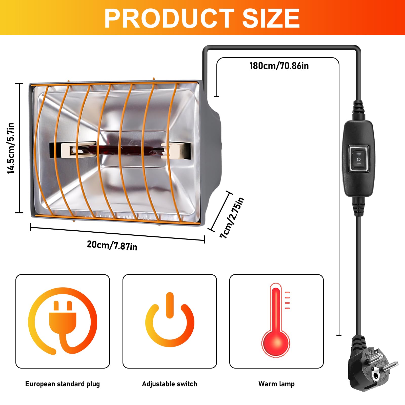 Lámpara de calor de 1,8 m, con enchufe de la UE, lámpara de luz roja con interruptor, lámpara de calor para animales, lámpara de infrarrojos para pollitos, lechones, cachorros, etc. (175 W)