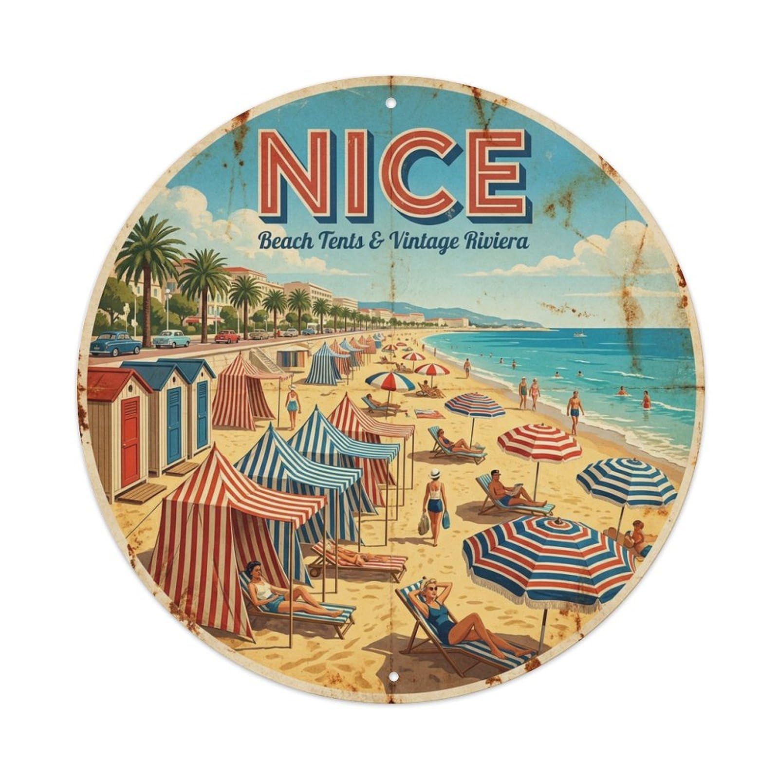 Olhnbad Style Beach Tents Riviera Nice Coastal Route Travel Metal Tin Sign