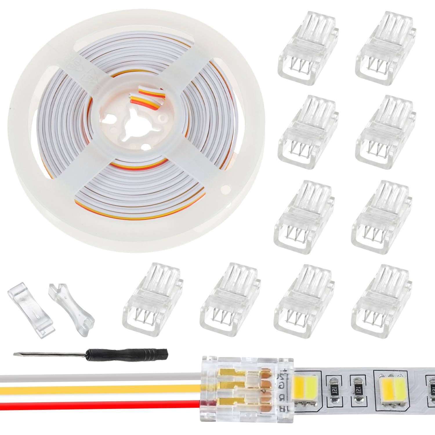 JAMHER 10 Pack LED Strip Connector RGB Lights Adapter Lighting Pin Connectors Clear Unwired Gapless Track Lighting Connector with 5M/16.4ft Cable(3 PIN 8 MM)