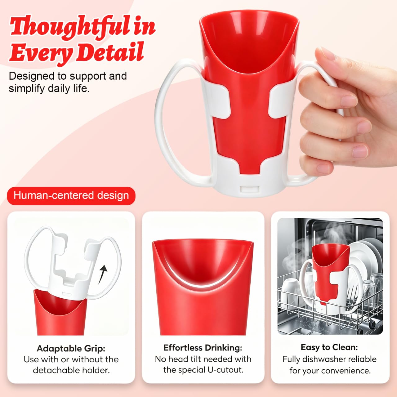 HEMOTON Tasse à Découpe Nasale, Rouge avec Support | Permet de boire sans incliner fortement la tête, pour personnes âgées, soins à domicile et mobilité réduite