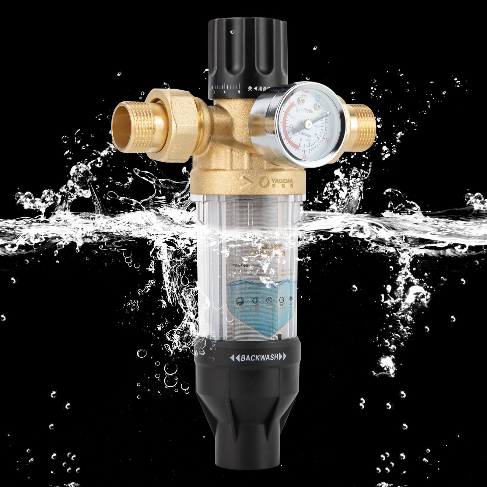 Filtro acqua domestica, filtro sedimentario da 40 μm, con indicatore di pressione dell'acqua, grande portata 6613,8 lbs/H, filtro dell'acqua del rubinetto per filtrazione sedimentaria (25 mm)