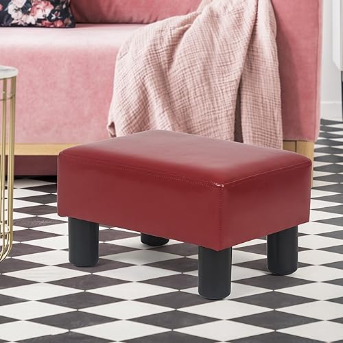 Miniatura 5 de Adeco Reposapiés pequeño de piel sintética de 15 pulgadas para reposapiés, banco otomano cuadrado para sala de estar, color rojo burdeos