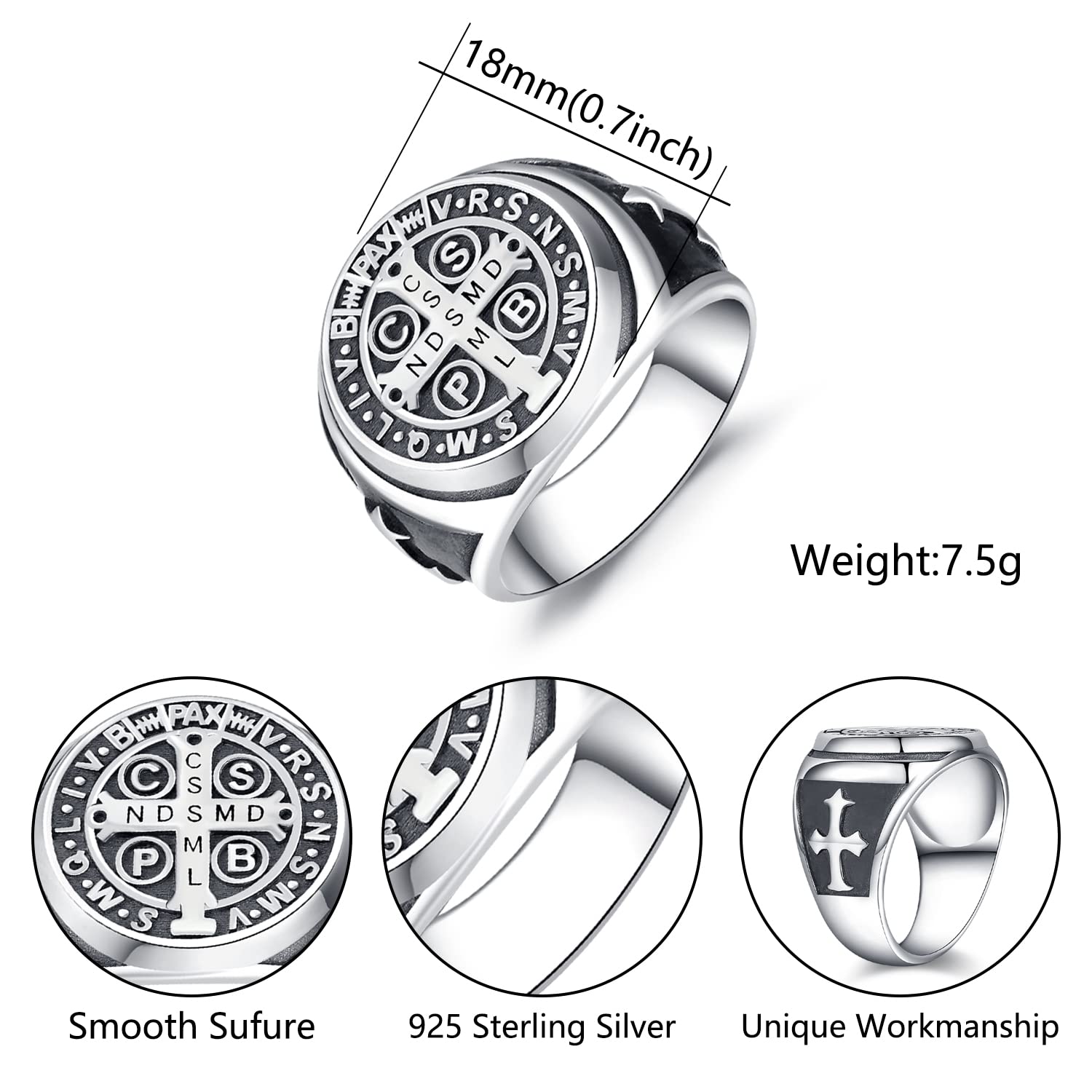 Anello con Sigillo in Argento Sterling 925 Anello Uomo Anello di San Benedetto Croce Anello Amuleto Religioso Religioso Regalo Gioielli Fede Cristiana per Uomo Donna