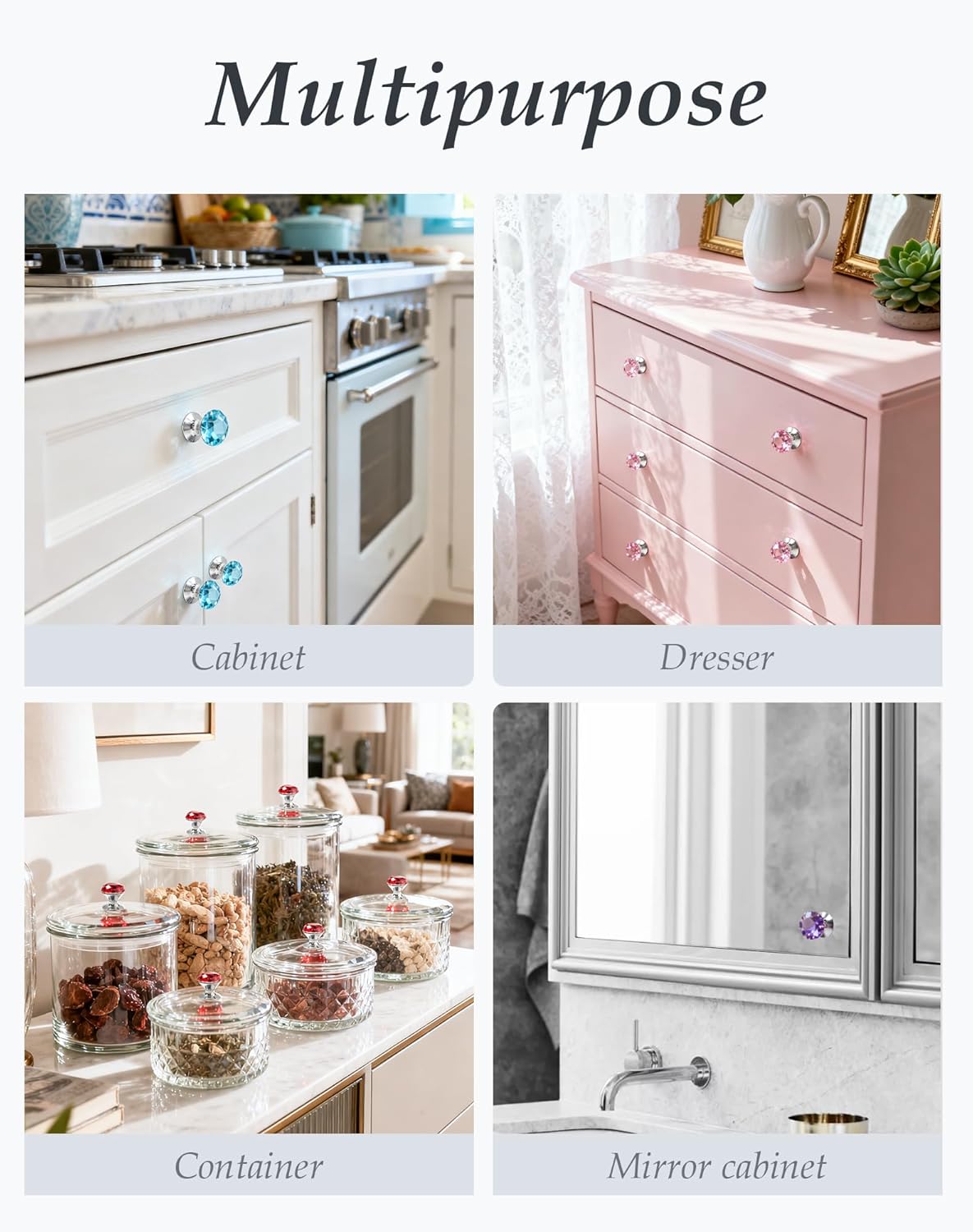 2 Pcs Crystal Self Adhesive Knobs Purple Diamond Dresser Knobs Self Stick Cabinet Handles Bling Stick on Glass Drawer Pulls Removable No Drill Pulls for Mirror Doors Medicine Cabinet Closet