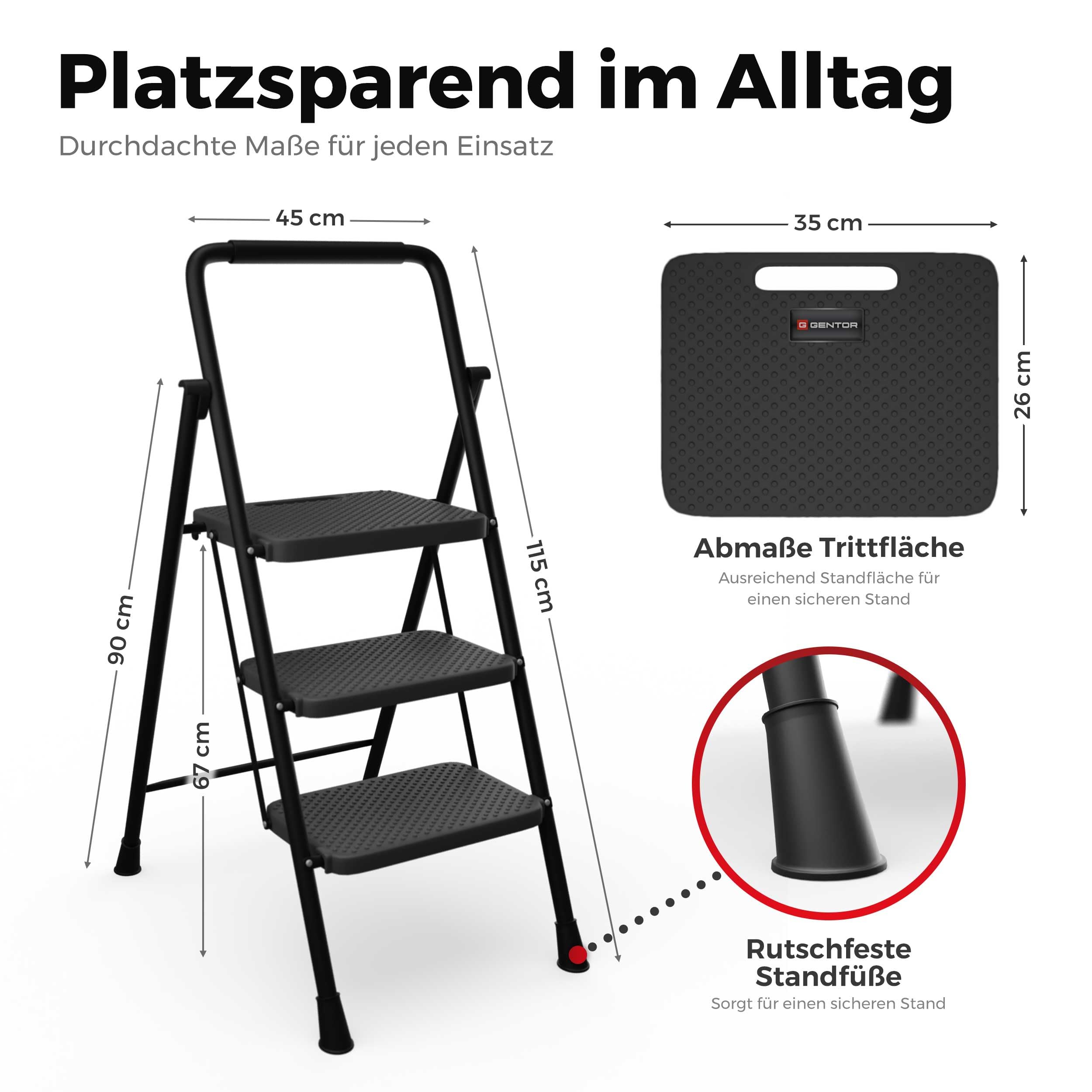 Trittleiter & Haushaltsleiter 3 Stufen klappbar, 150 kg, rutschfest