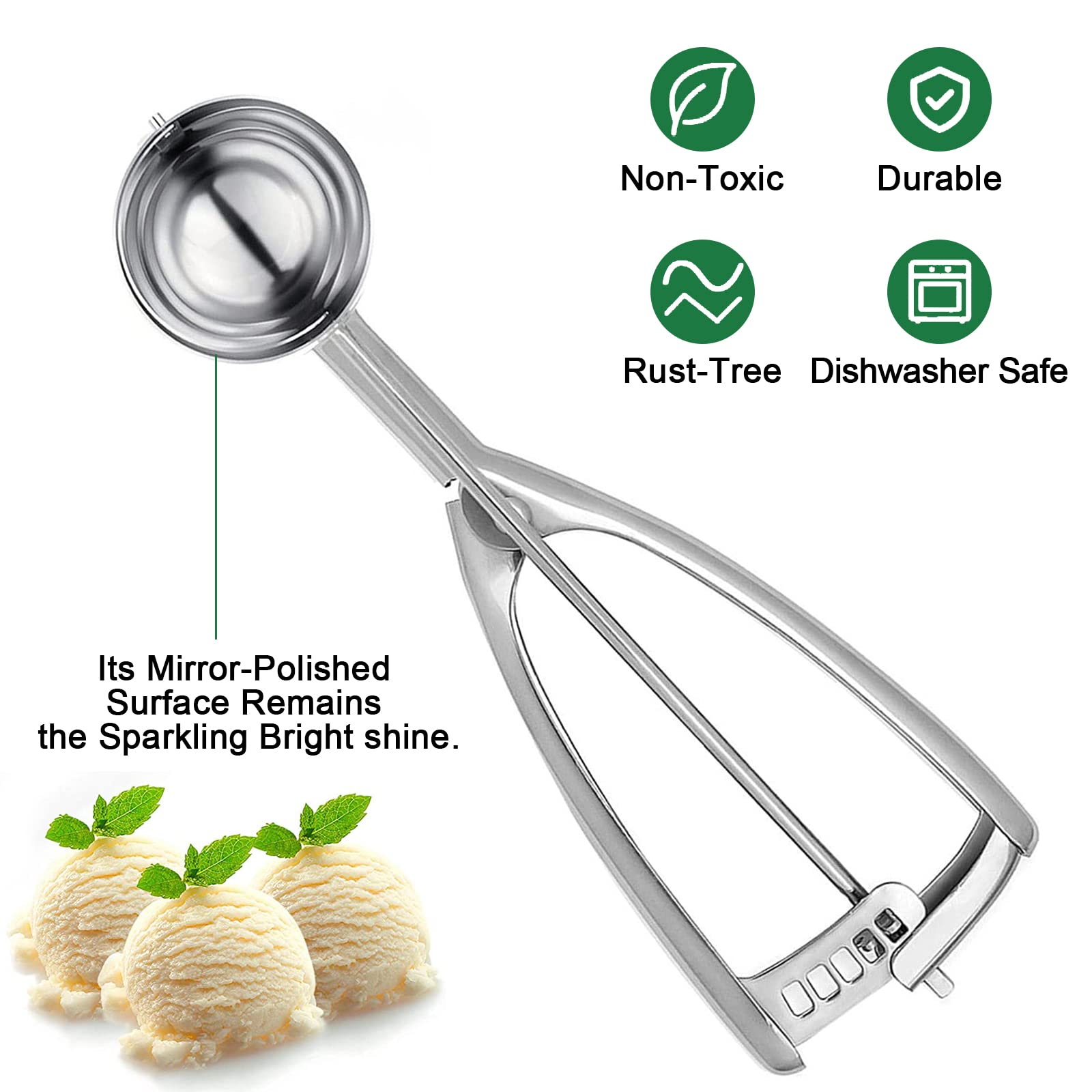 Cuchara para Helados, 5cm Cuchara de Helados con Gatillo 304 Cuchara de Helado de Acero Inoxidable Cuchara Disparador para Bolas de Helado para Helados, Frutas, puré de Alimentos