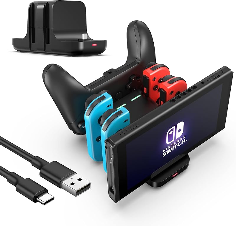 RHOTALL 6 in 1 Controller Charger Dock for Nintendo Switch & OLED & Lite, Charging Station for Joy-Con and Pro Controller with LED Indicator and Type C Charge Cable, Black