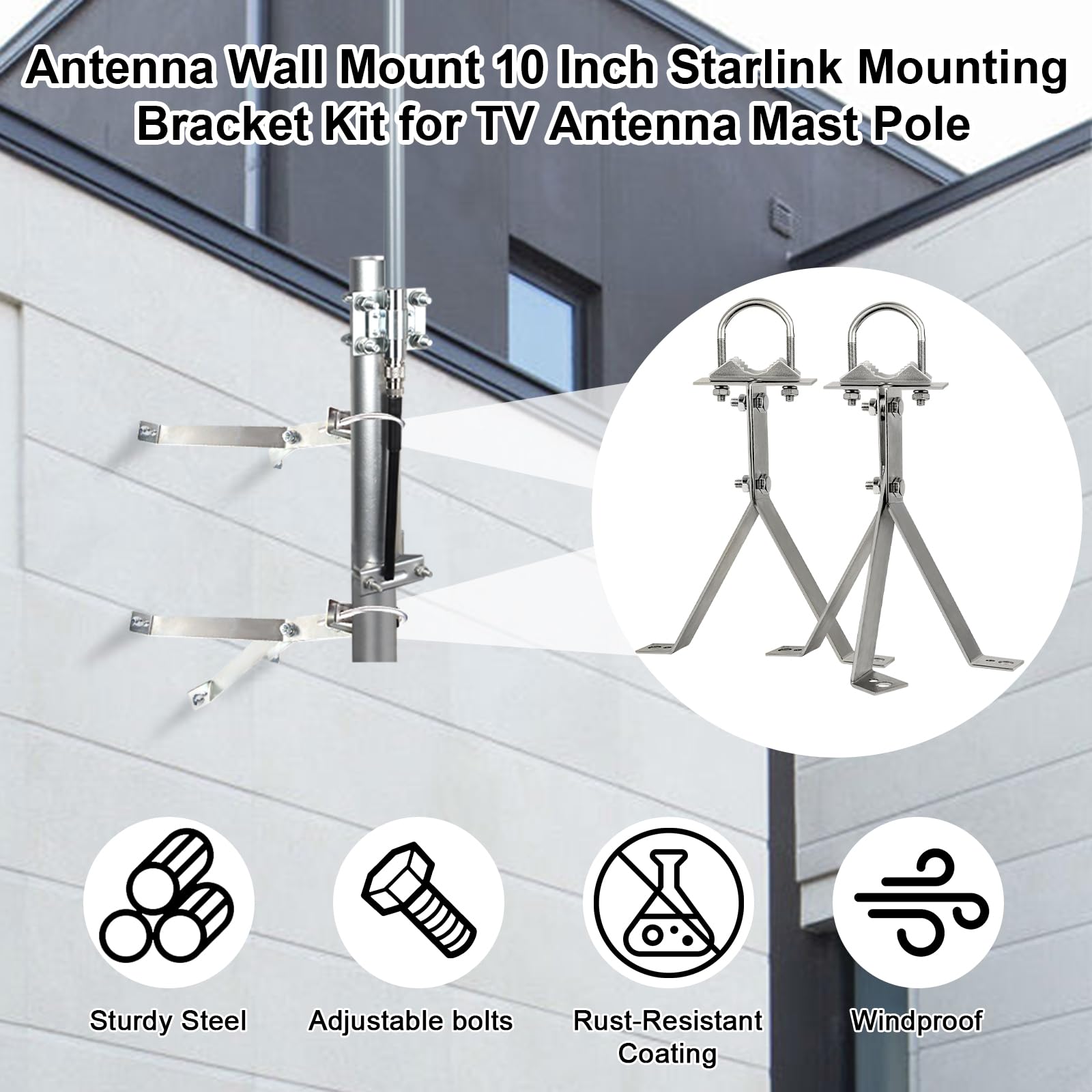 XRDS-RF Soporte de pared para antena – Soporte de montaje resistente al viento de 10 pulgadas para mástil de antena de TV (2 patas + 3 patas)
