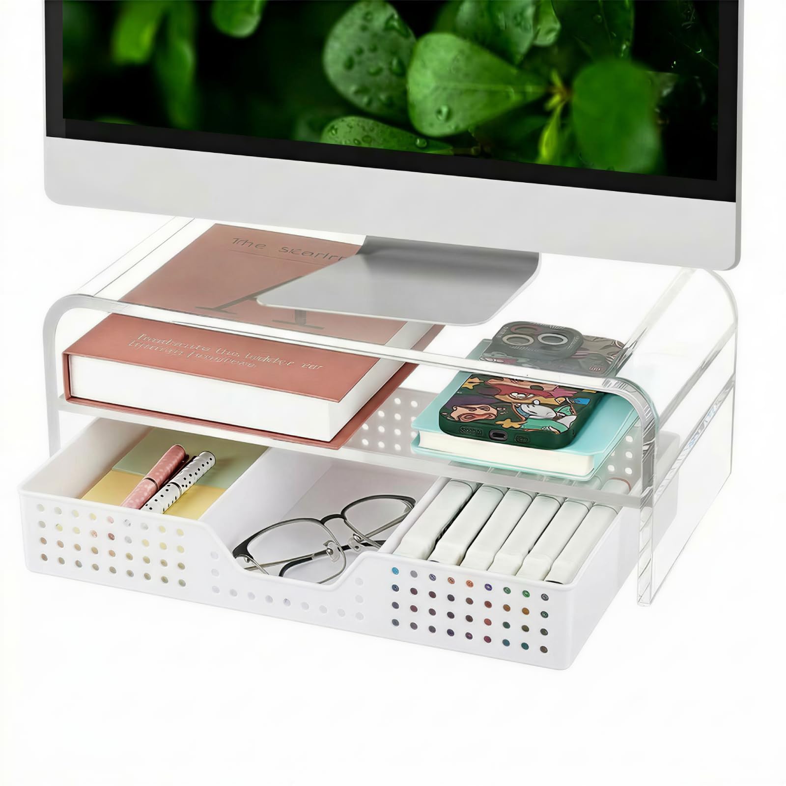 OPNICE Support de moniteur d'ordinateur en acrylique avec tiroir, organiseurs de bureau transparents à 2 niveaux et accessoires, accessoires de bureau, organisation de bureau pour fournitures de