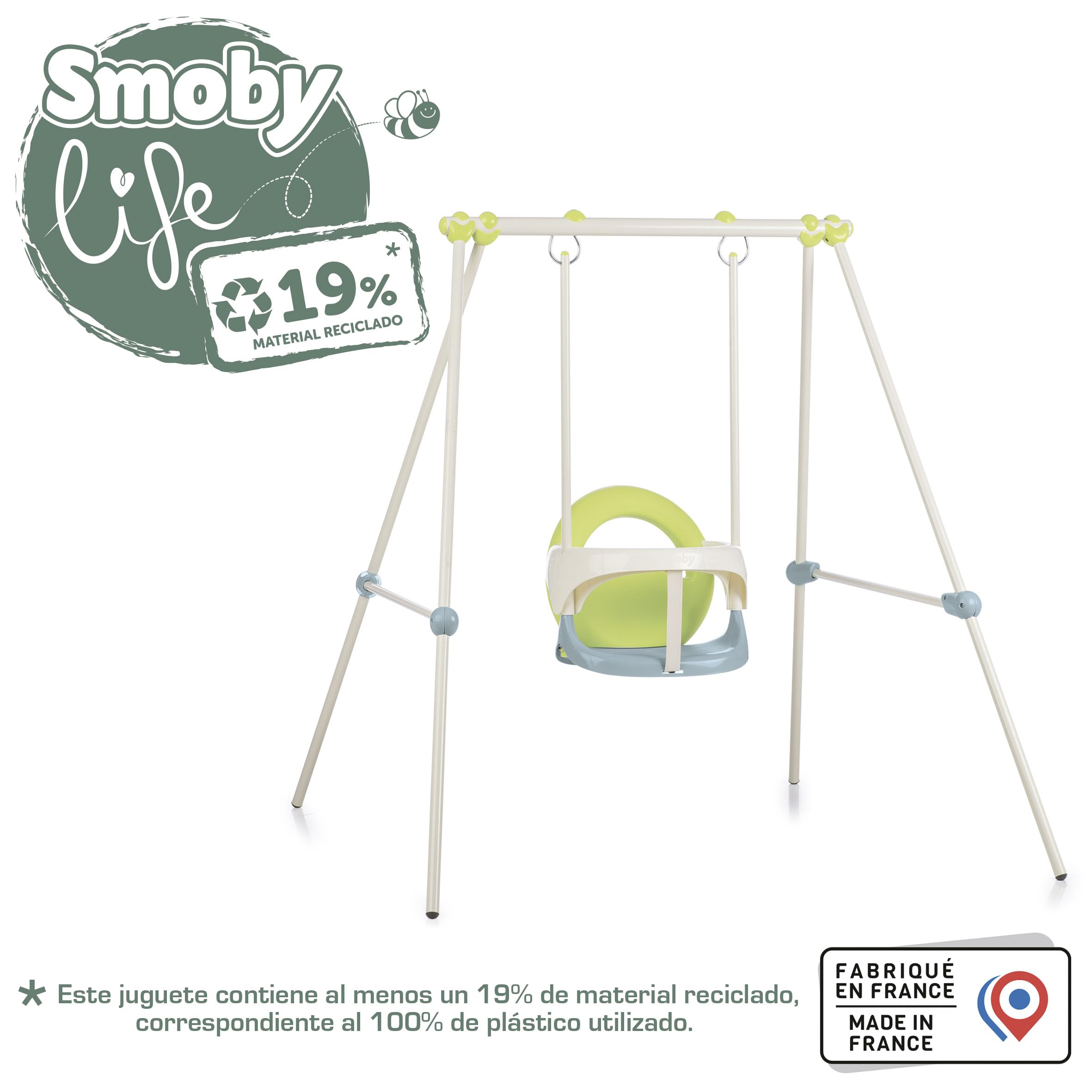 Smoby - Columpio para bebé con Estructura de Metal - Columpio para bebé - Interior/Exterior - Altura 118 cm - Tratamiento Anti-UV - Material Reciclado - A Partir de 6 Meses - Fabricado en España