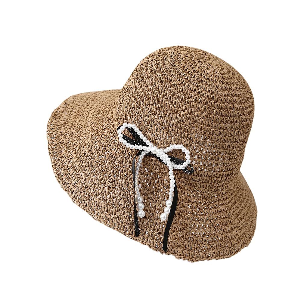Sombrero de Paja Plegable de Verano para Mujer,de ala Ancha,con Protección UV y Lazo de Perla,Plegable y Transpirable,Ideal para Playa,Viajes y Fiestas