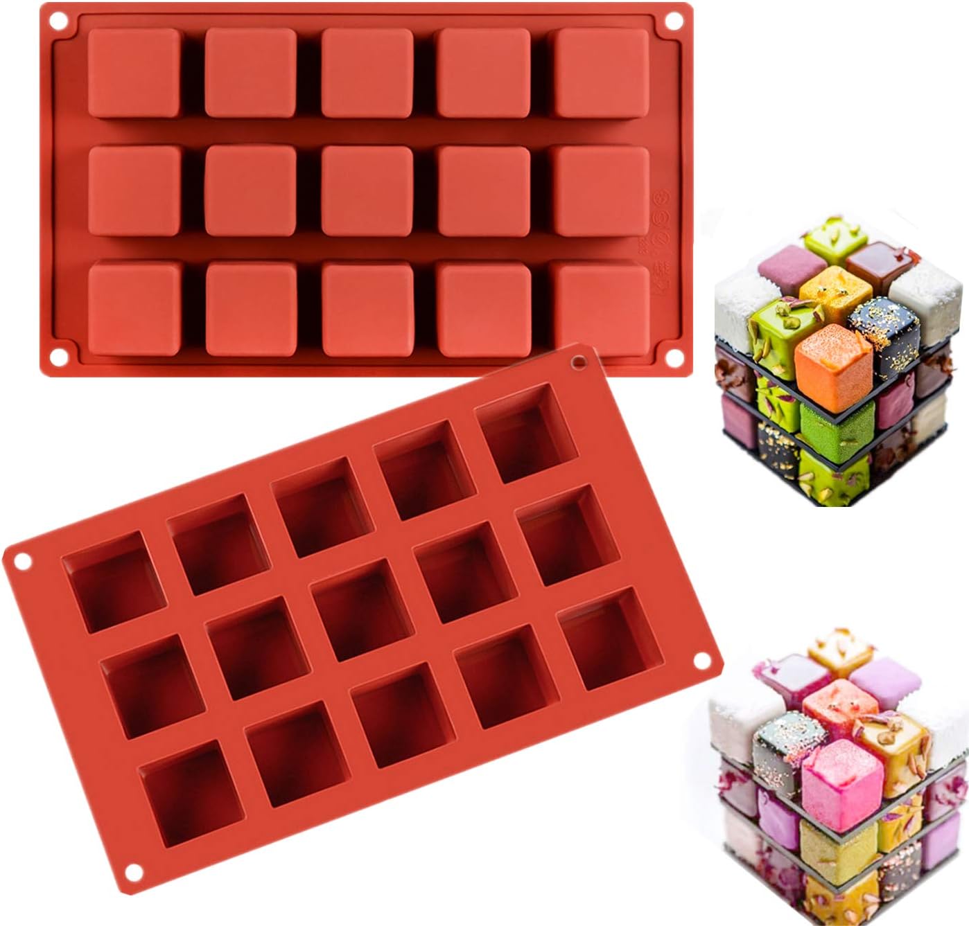 Eidoct 2Pack 15 Cavities Square Caramel Candy Silicone Molds,Chocolate