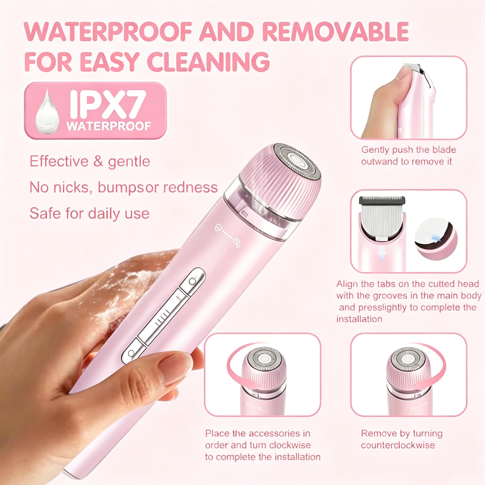 Rasoio elettrico impermeabile 2 in 1 per bikini, da donna, rosa cipria | Design a doppia testa per viso e corpo, uso bagnato/asciutto, rasatura indolore e struttura senza fili per risultati lisci e