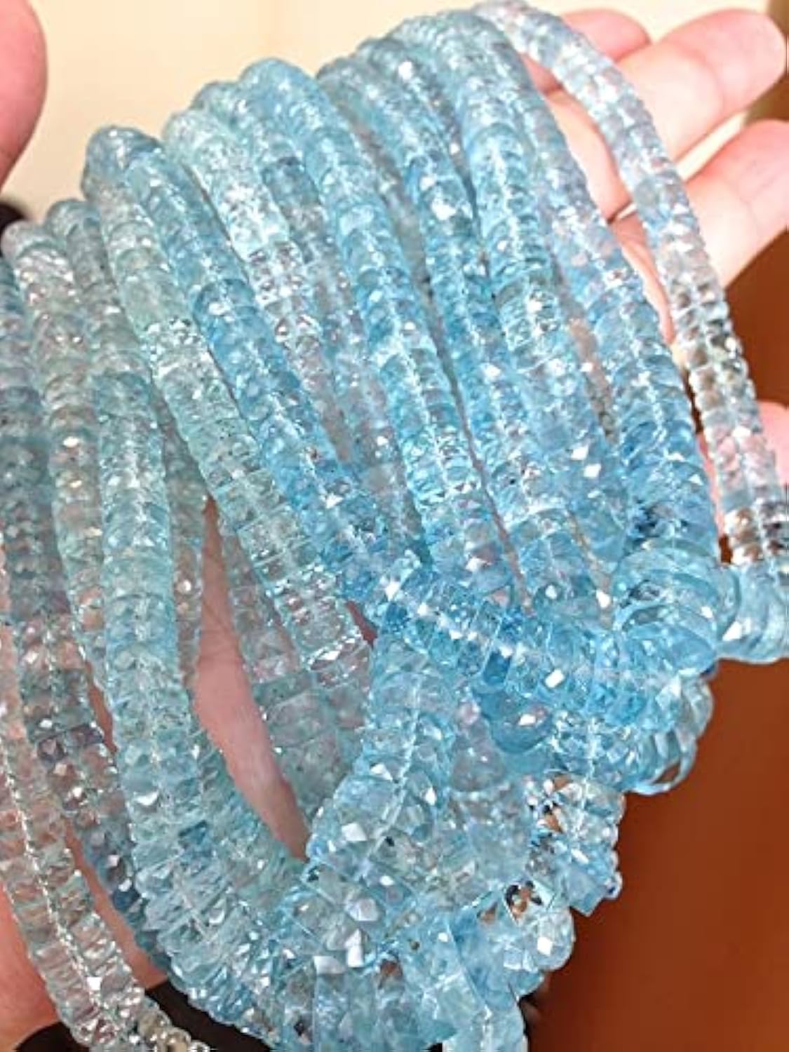 Fil aigue-marine naturelle perle facettée 3-7mm pour création bijoux artisanaux en pierre