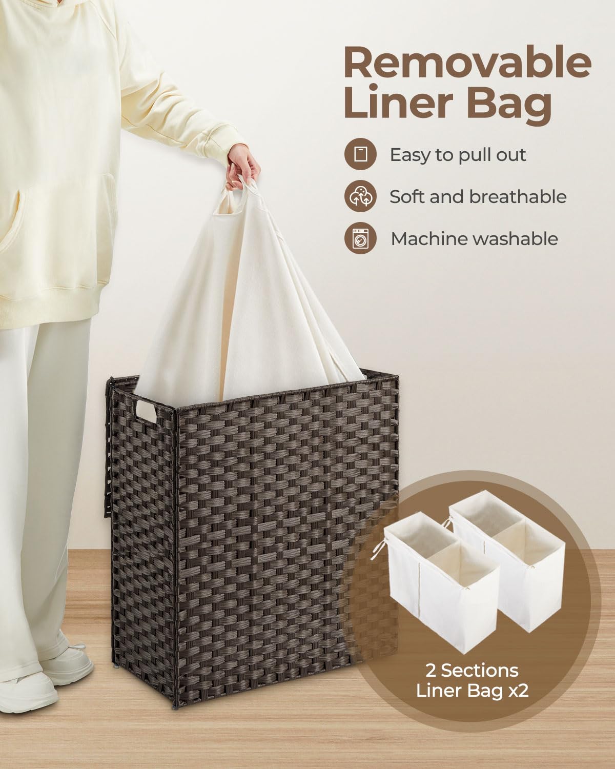 Greenstell Laundry Hamper With Wheels – 110L Divided Basket, 2 Removable Liner Bags, No Installation Needed – Foldable & Handwoven