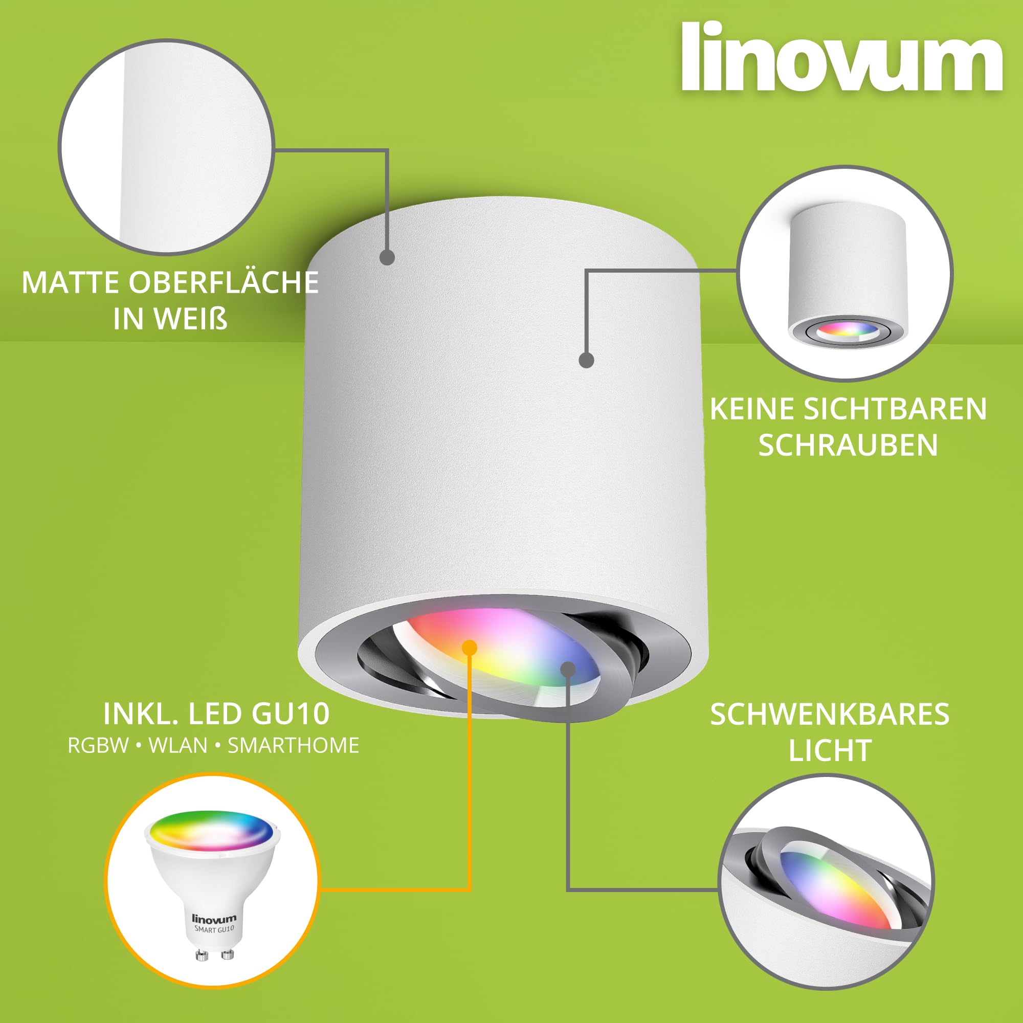 linovum CORI Aufbauleuchte rund weiß Alu mit LED GU10 dimmbar WLAN RGBW Lampe - Deckenlampe Spot kompatibel mit Alexa, Google, Siri