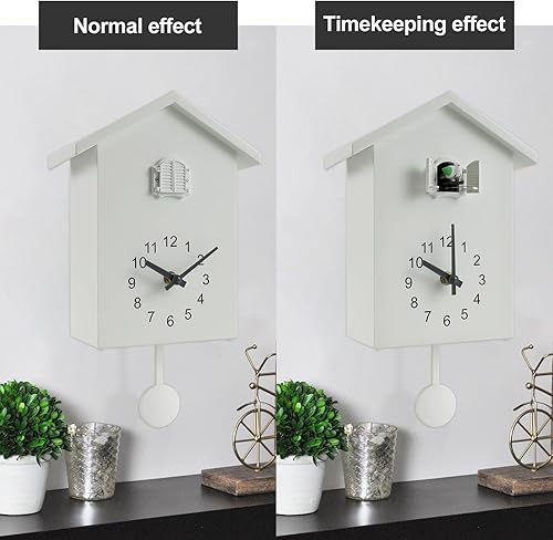 Miniatura 5 de Reloj de pared de cuco con voces de pájaro de cuco, reloj de cuco de madera con péndulo, funciona con pilas, reloj de cuco, casa de pájaros, arte de