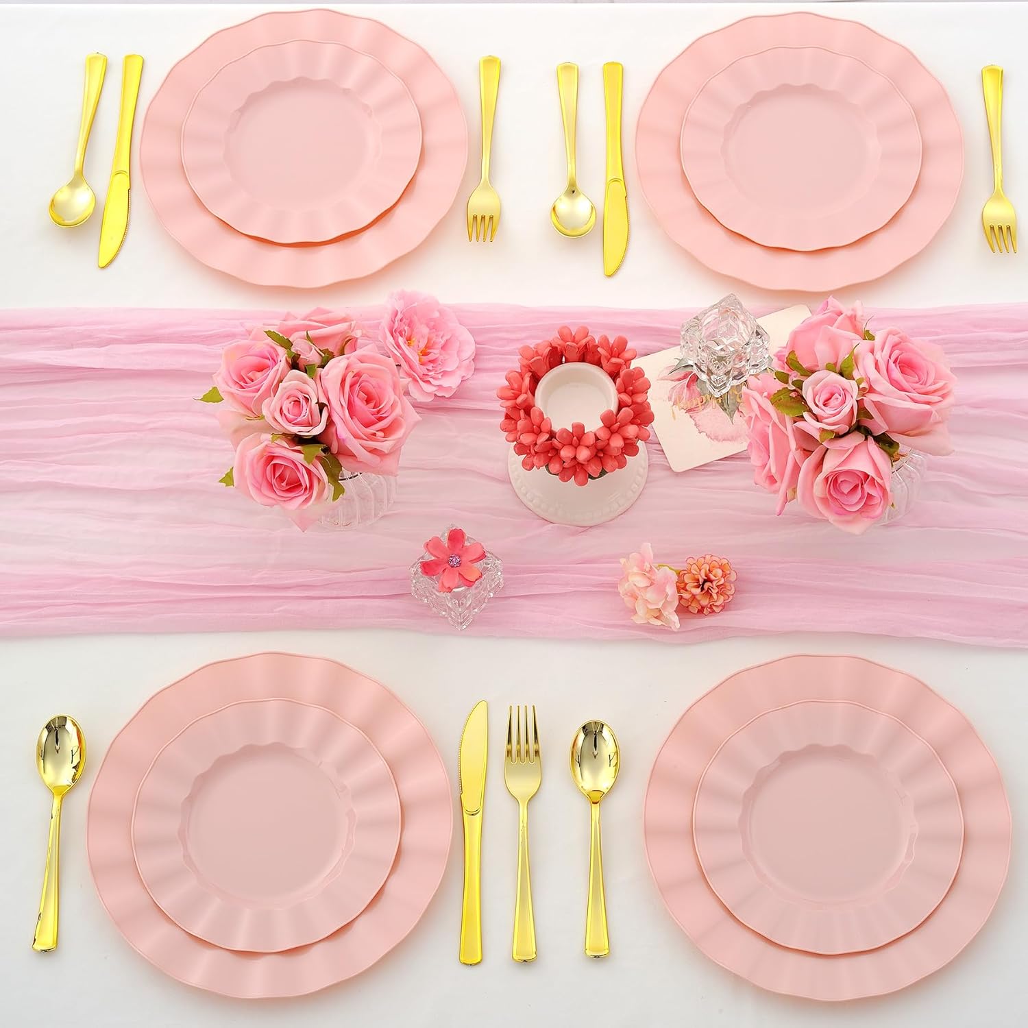 60Pcs Premium Pink Plates Disposable, Fancy Plastic Disposable Plate, Elegant Wedding Plates Set include 30 Dinner & 30 Dessert Plates for Easter Spring Party(30Guests)