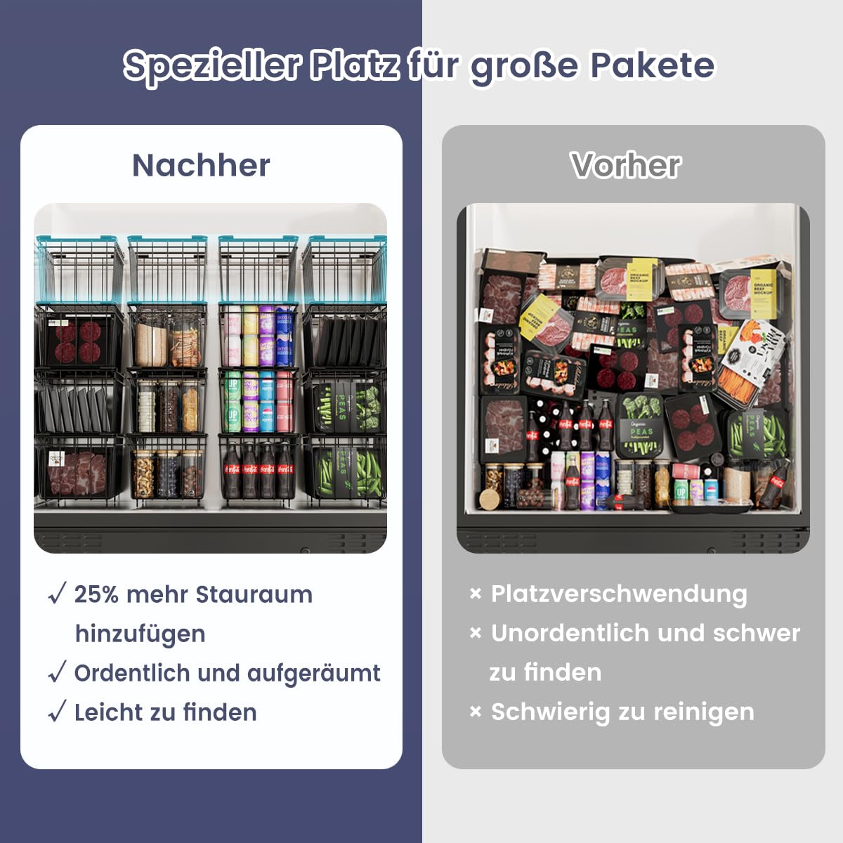 4er Stapelbar Gefrierschrank Organizer für 198L Gefriertruhen Einfacher Zugriff auf Tiefkühlkost Platz, Gefrier korganizer korb mit Griffen einfach zum Sortieren und Essen bekommen