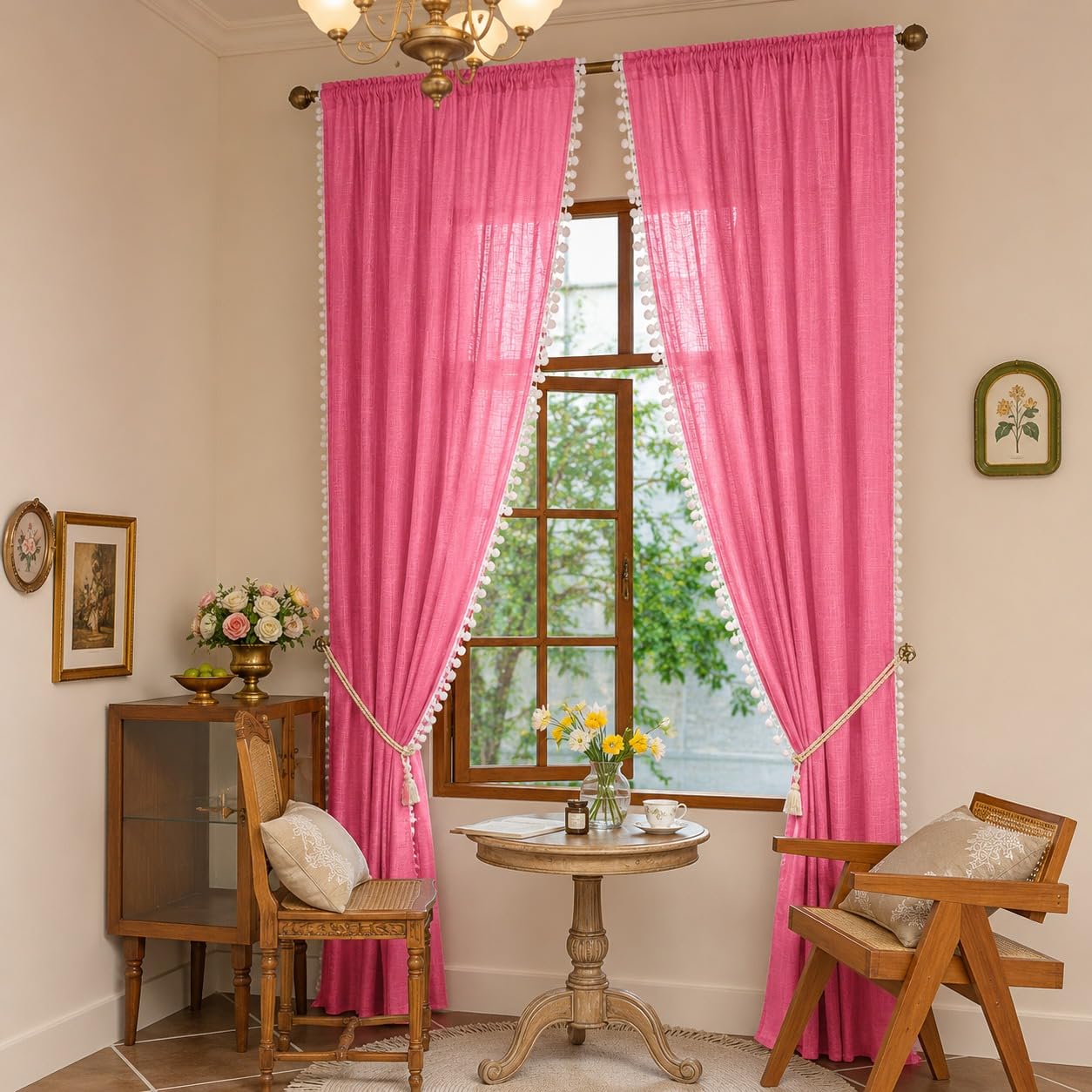 THE LINEN COMPANY Sheer Cotton Curtains Window Curtains with Pom Pom Lace Rod Pocket Light Filtering Transparent Net Curtains for Window Curtains Door Curtains Living Room Pink 4 Ft Pack of 2