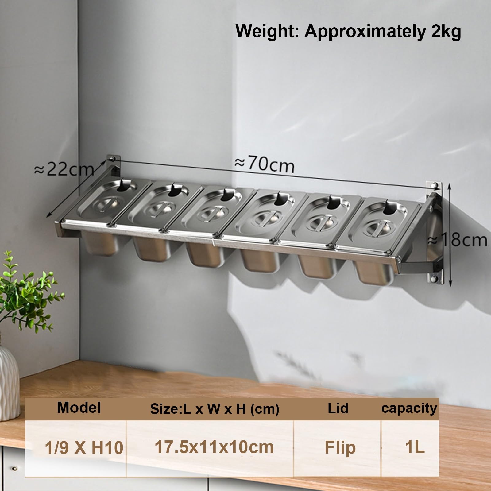 Boîte épices murale gain de place amovible rangement, bocaux épices inox couvercle cuillère, bac gastro inox set pots pour restauration/cuisine, bacs GN, access pizza(6 Grids)