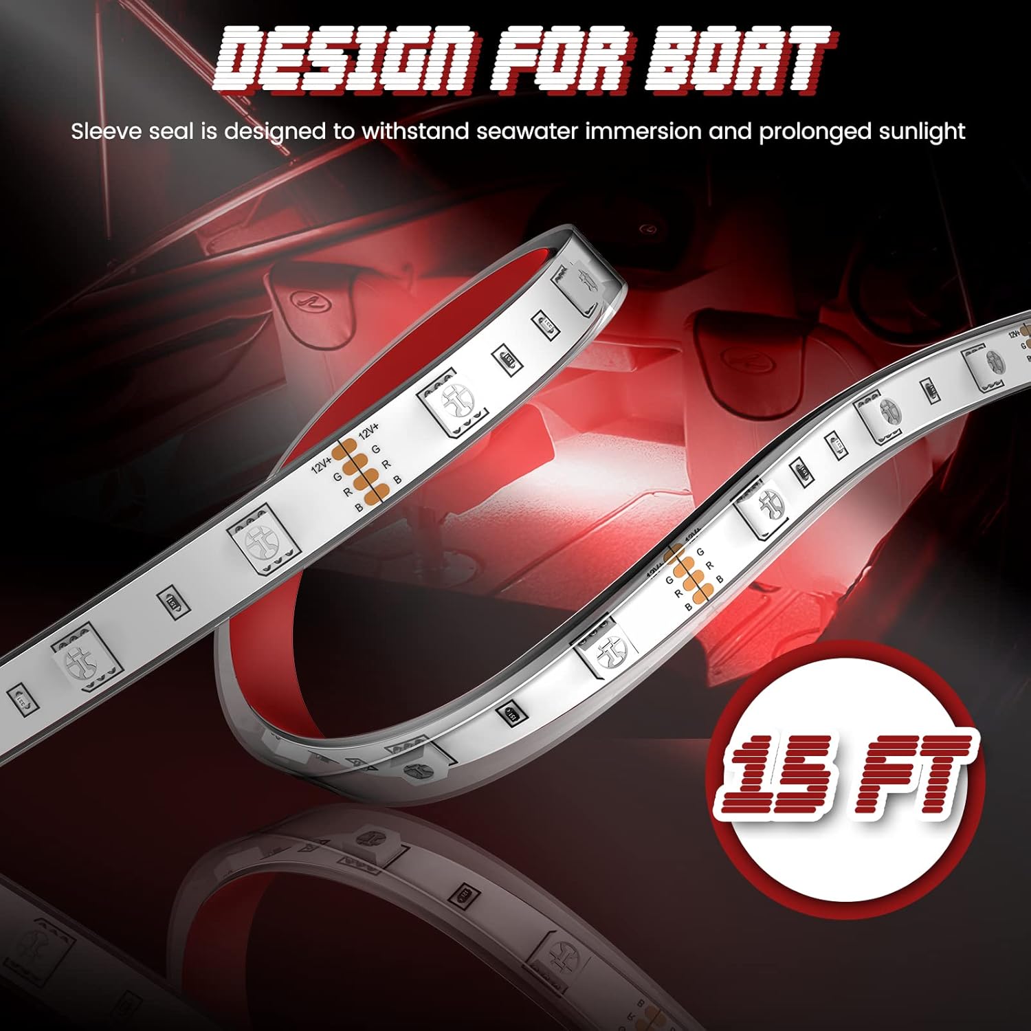 MYPLUS 15ft LED Boat Lights Strip with Bluetooth Control, Waterproof Marine Lights for Cockpit, Deck, Cabin, Pontoon and Fishing Boat
