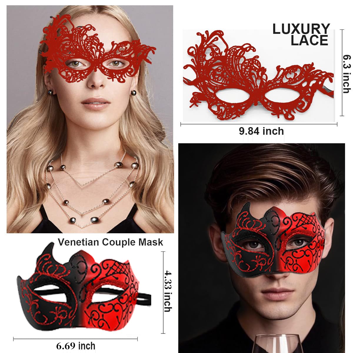 MZinge Masquerade Mask for Couple Men Venetian Mask for Halloween Lace Masque Costume Eyemask Party Prom Ball Mardi Gras (RED) - Image 4