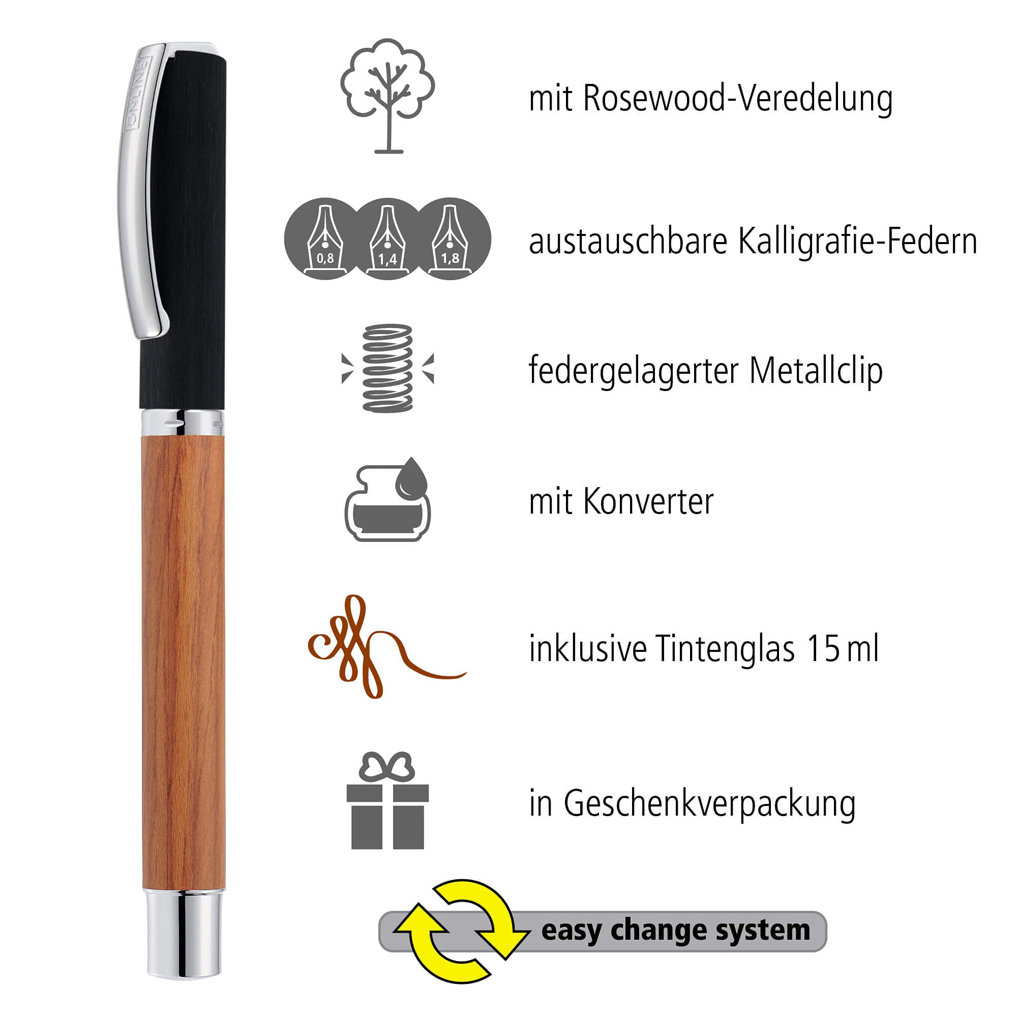 ONLINE 36783 Kalligrafie-Set Vision Nature Rosewood, Füller mit 3 Kalligraphie-Federn Breite 0.8, 1.4, 1.8 mm, inklusive Tintenglas braun, in edler Geschenk-Box, Schönschreib-Füller Holz