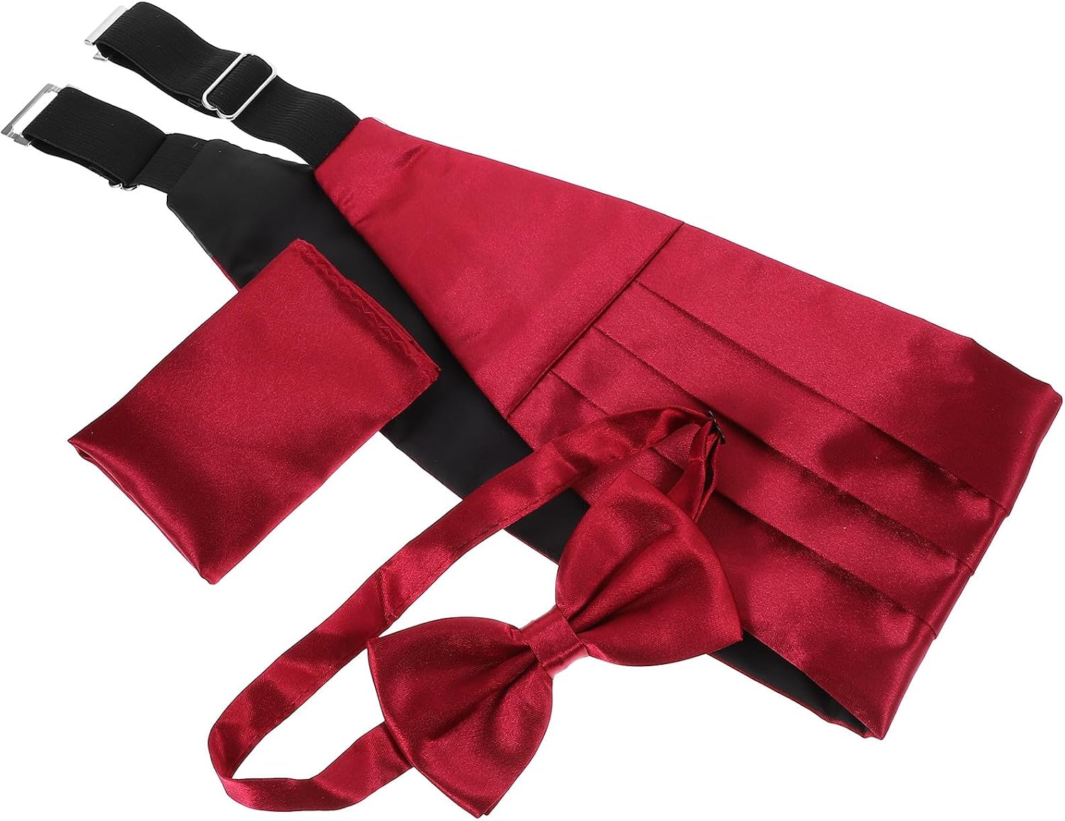 Men’s Satin Cummerbund Bow Tie and Pocket Handkerchief Set, Smooth Finish, Wine Red, Formal Wedding Tuxedo Accessories for Banquets and Parties
