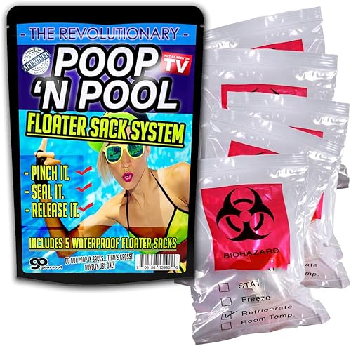 Poop N Pool Floater Sack System - Bolsas de riesgo biológico - Paquete de 5 - Divertido regalo de broma de piscina - Tecnología revolucionaria -