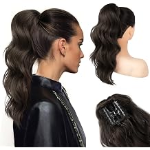 HOOJIH Clip in Ponytail Extension, Ponytail Extension 18 Inch Hair Ponytail Extension Wavy Ponytail Fluffy Soft Clip on Ponytail Synthetic Fiber Ponytail Hair Pieces for Women - Black Brown