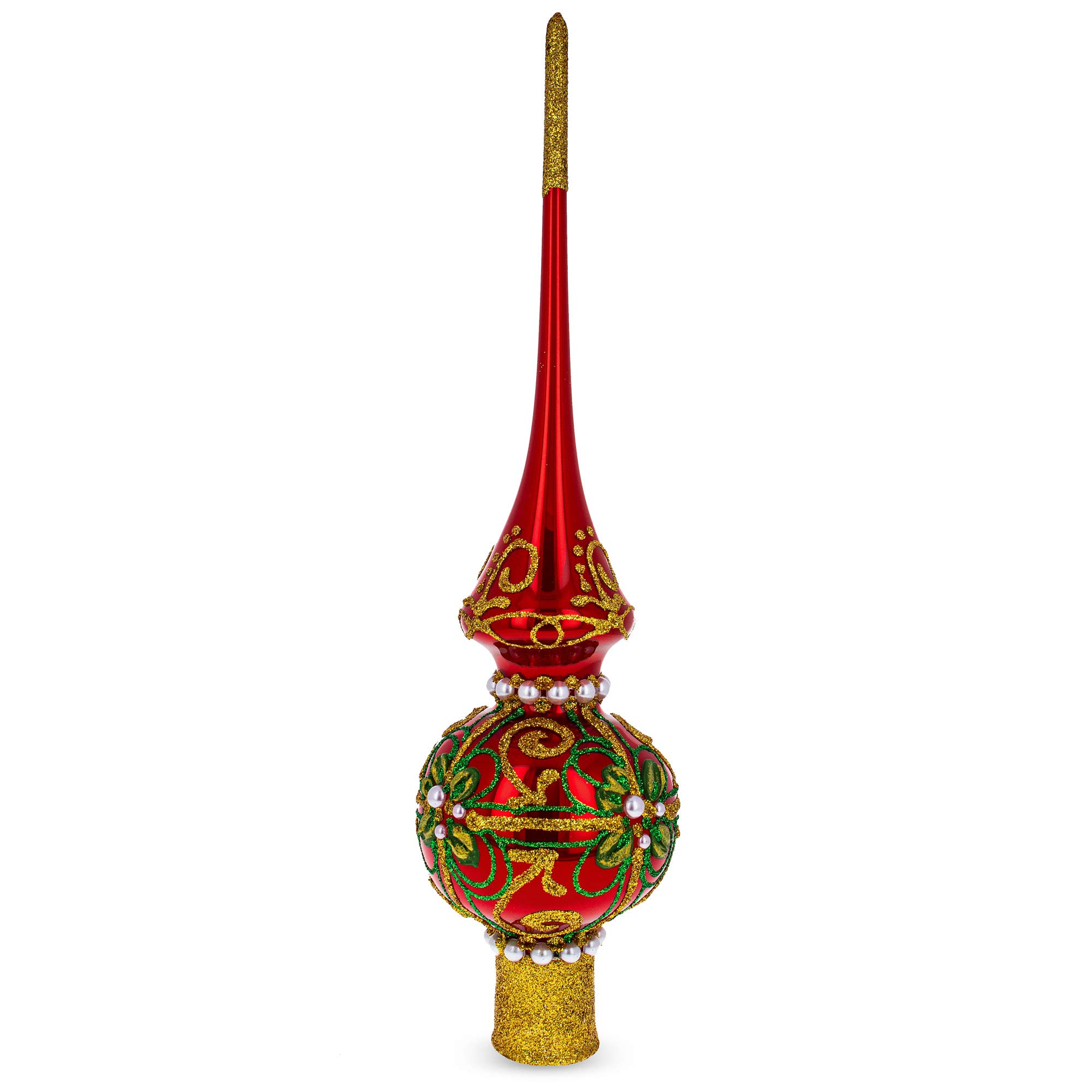 11-Inch Glossy Red Glass Christmas Tree Topper With Green & Gold Glitter And Pearls – Hand-Painted & Mouth-Blown