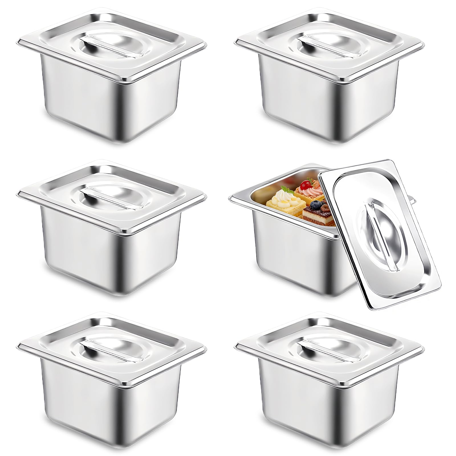 6 Pack Hotel Pans with Lid, 1/6 Size Steam Table Pan Set for Food, 4 Inch Deep Commercial Catering Pan Stainless Steel Table Steam Pans for Hotel, Buffet, Restaurant and Party